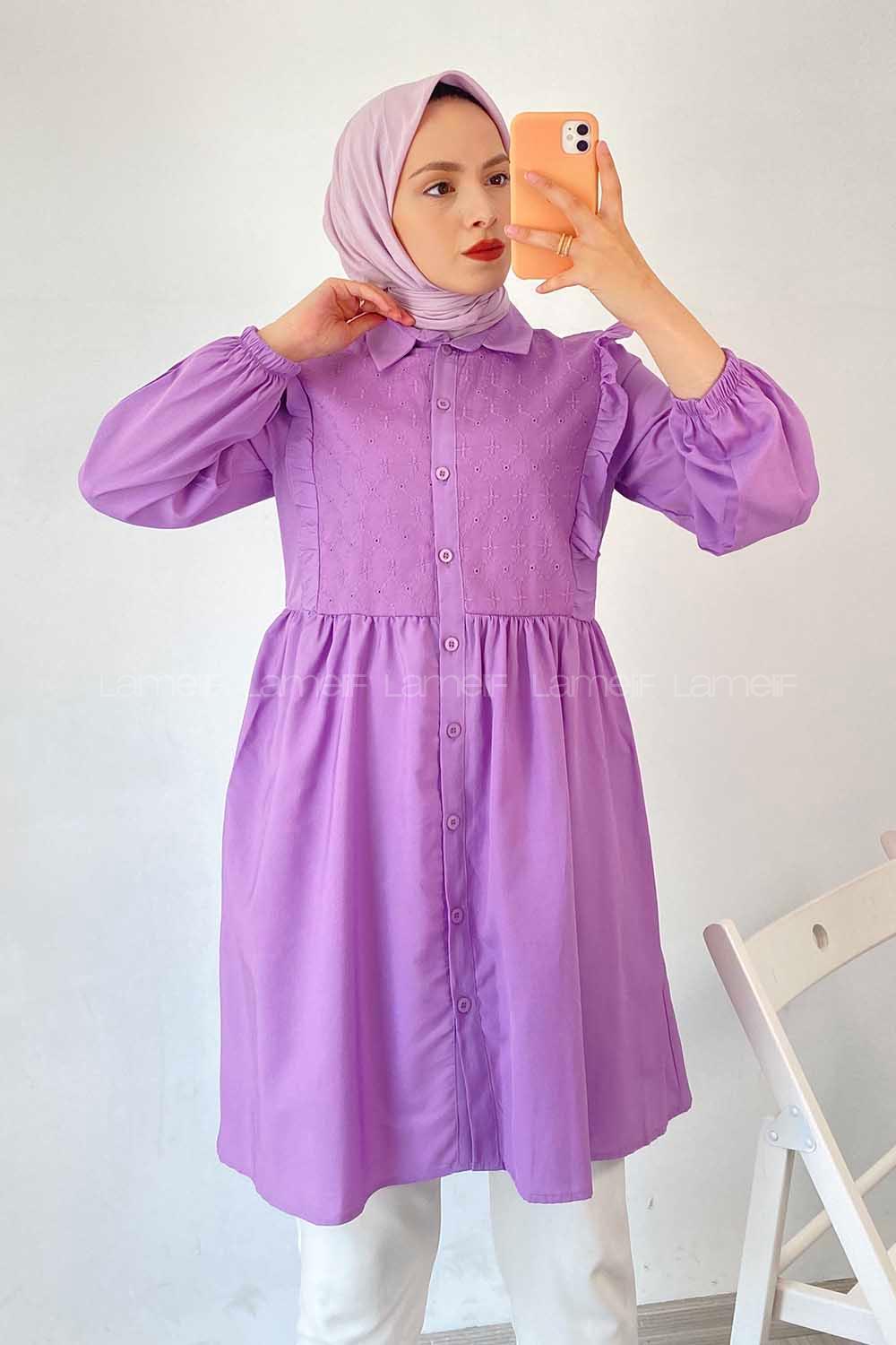 Modalamelif Önü Motif İşlemeli Fırfırlı Boydan Düğmeli Tunik Eflatun