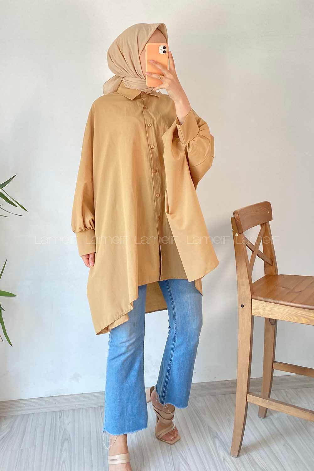 Modalamelif Oversize Önü Kısa Arkası Uzun Yara_sa Kol Tunik Sütlü Kahve