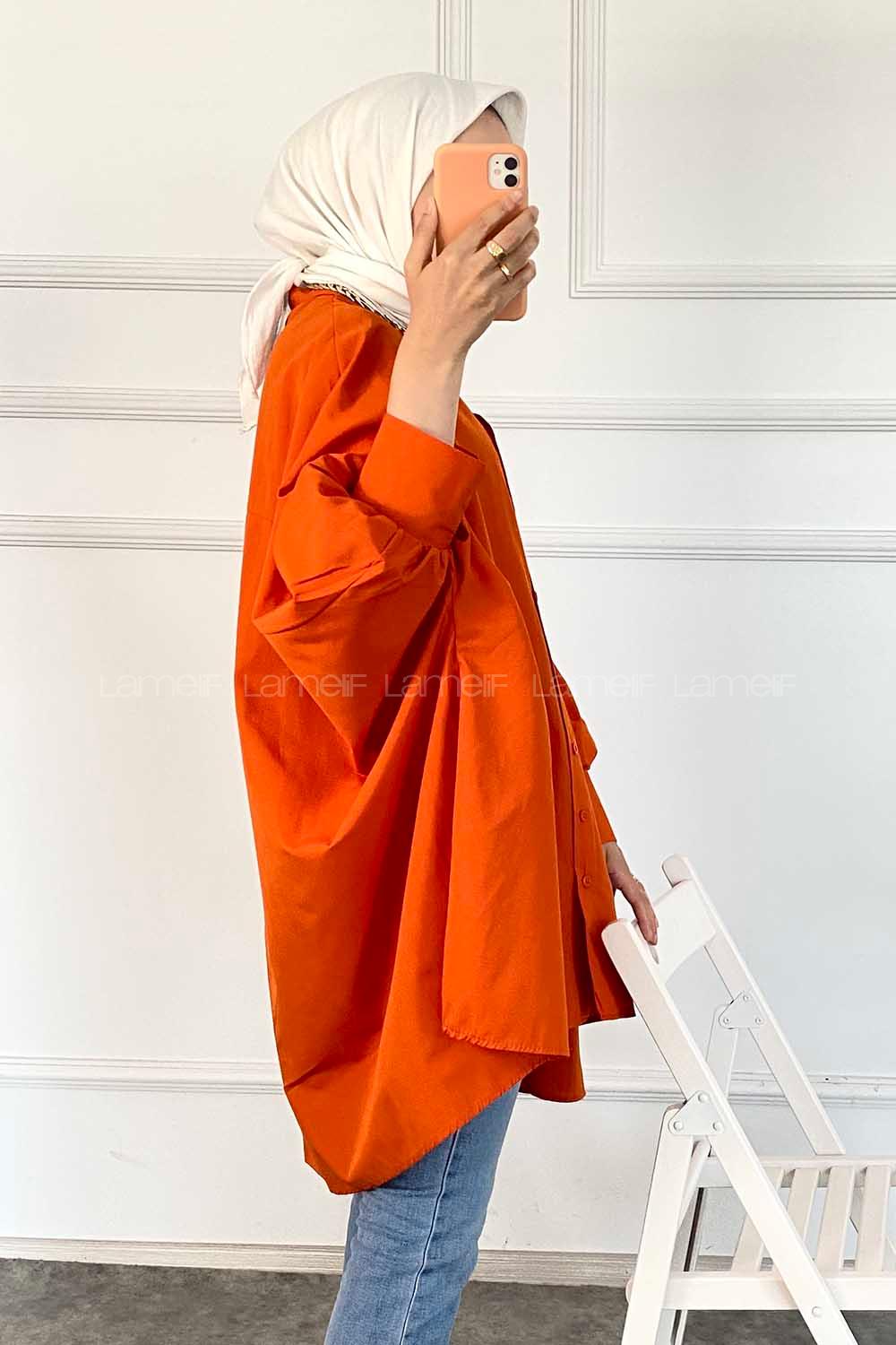 Modalamelif Oversize Önü Kısa Arkası Uzun Yara_sa Kol Tunik Turuncu