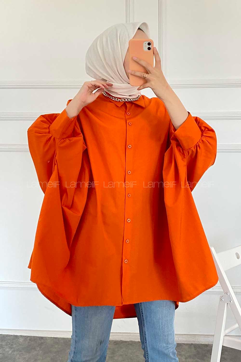 Modalamelif Oversize Önü Kısa Arkası Uzun Yara_sa Kol Tunik Turuncu