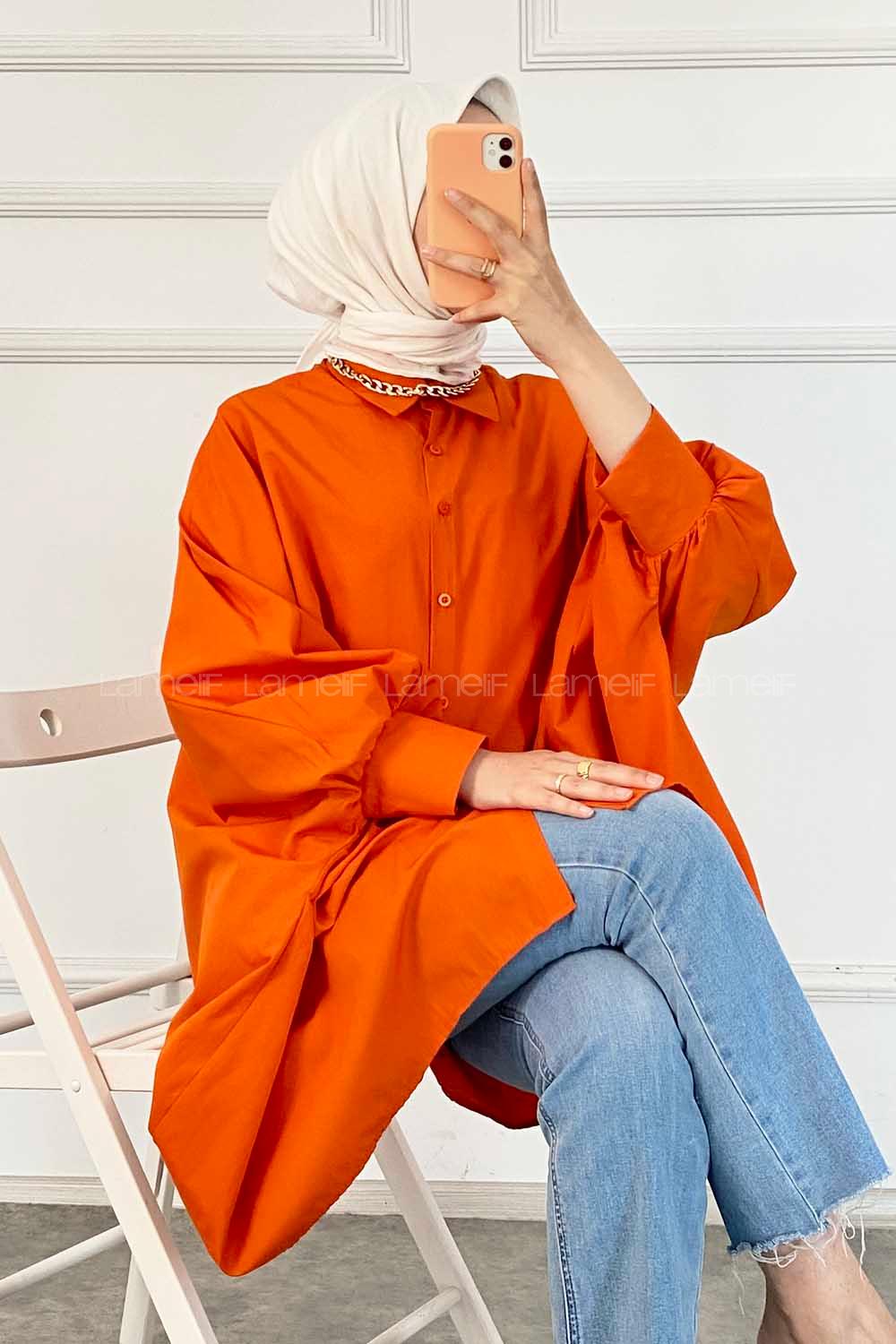Modalamelif Oversize Önü Kısa Arkası Uzun Yara_sa Kol Tunik Turuncu