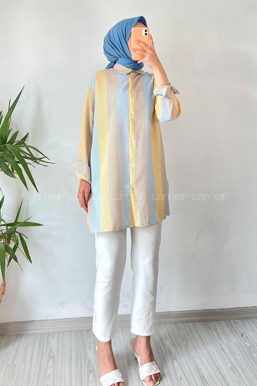 Modalamelif Renk Garnili Çizgili Gofre Gömlek Sarı