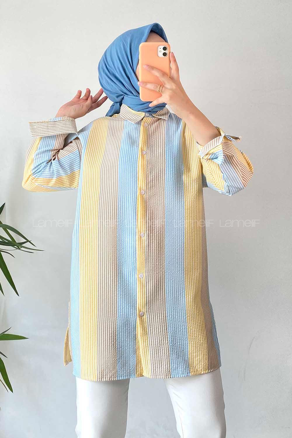 Modalamelif Renk Garnili Çizgili Gofre Gömlek Sarı