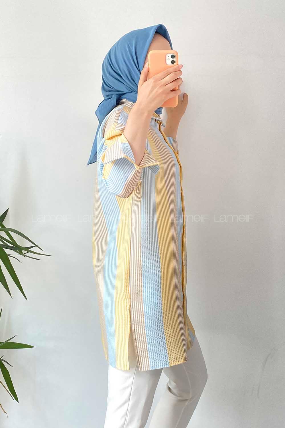 Modalamelif Renk Garnili Çizgili Gofre Gömlek Sarı