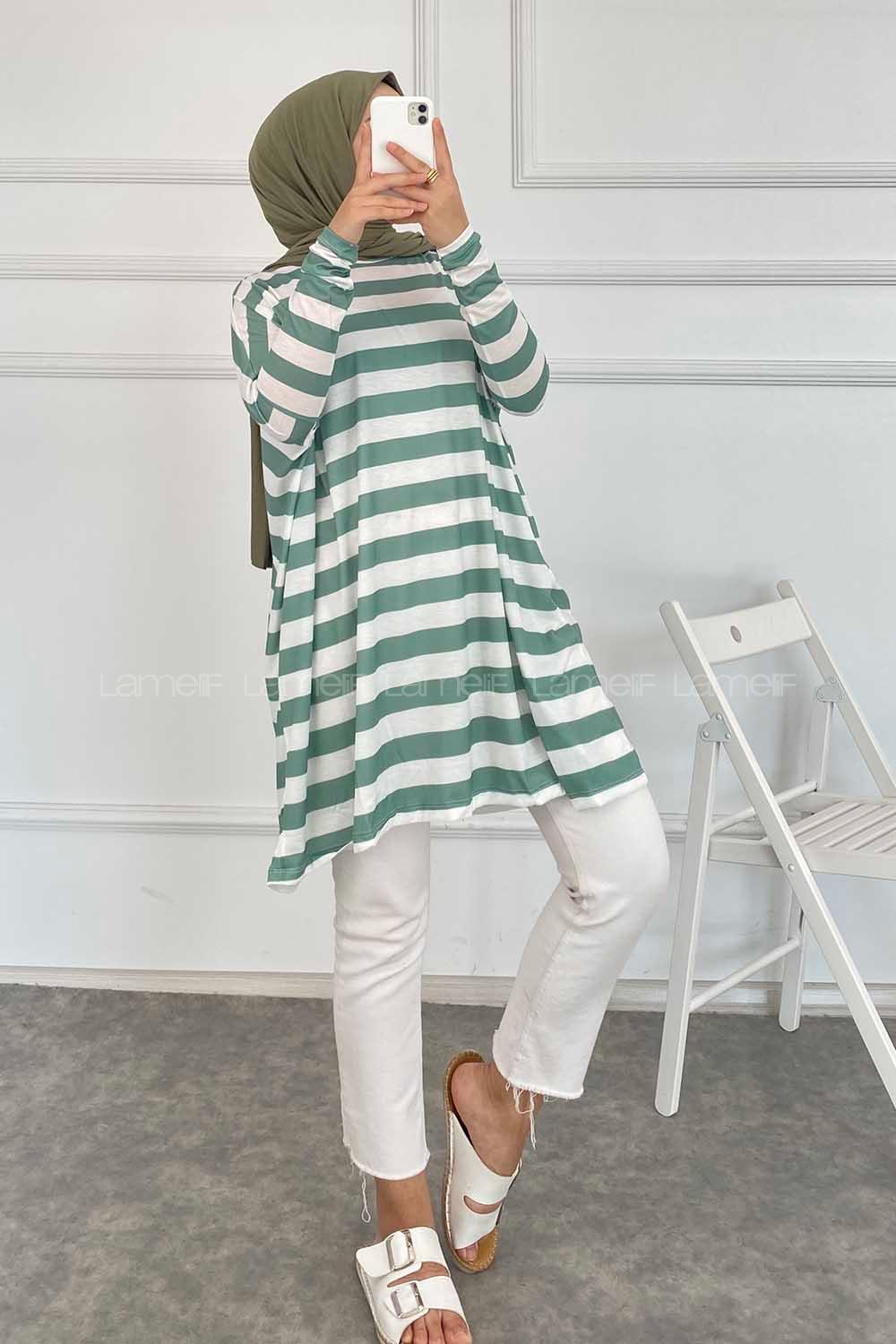 Modalamelif Salaş Çizgi Detaylı Tunik Çağla Yeşili