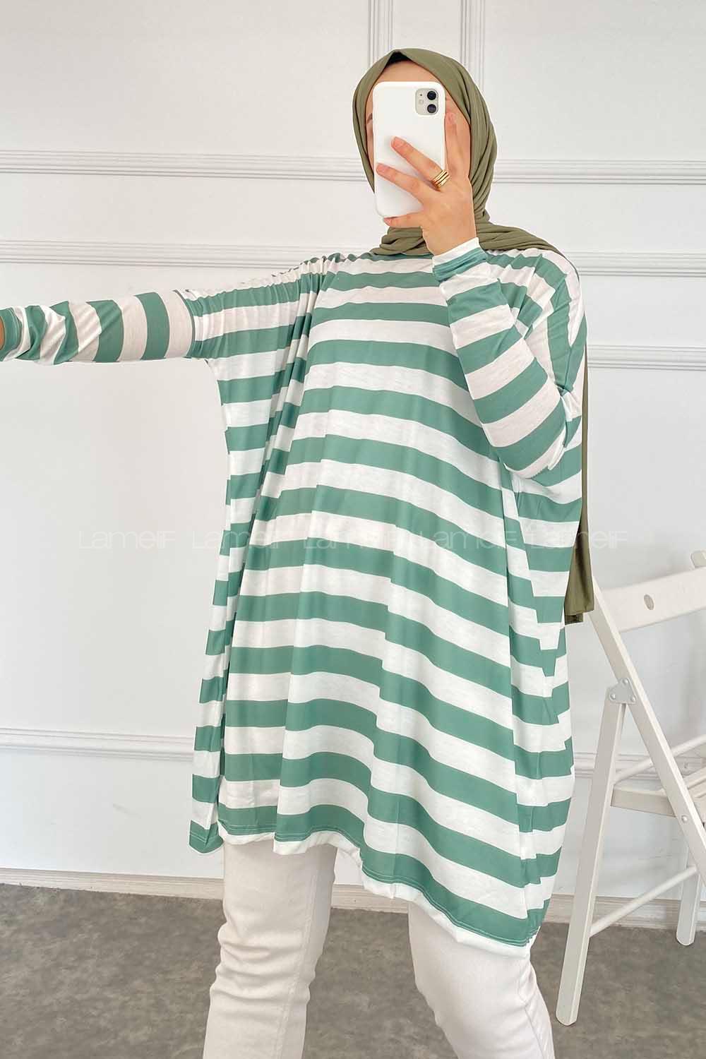 Modalamelif Salaş Çizgi Detaylı Tunik Çağla Yeşili