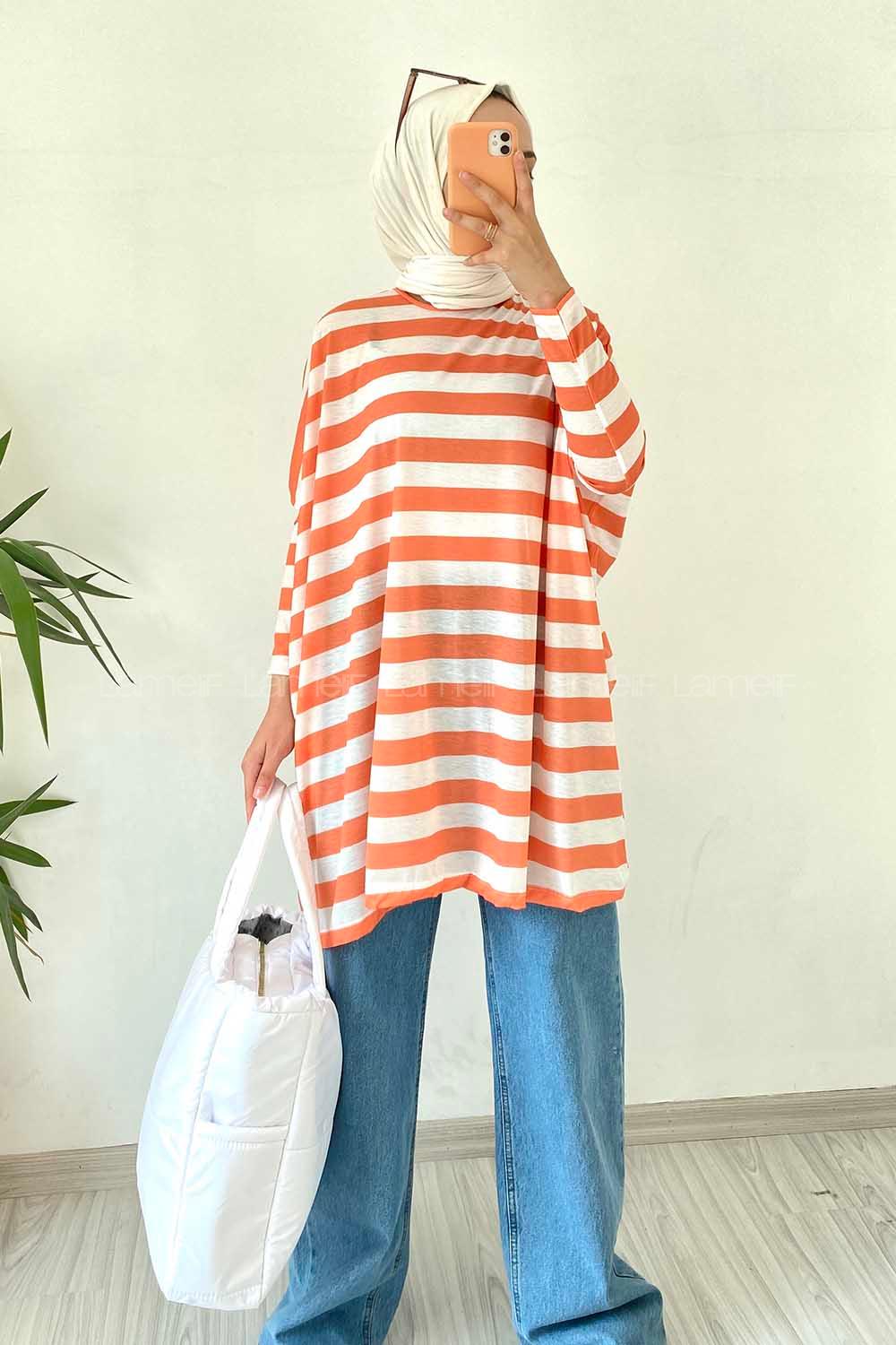 Modalamelif Salaş Çizgi Detaylı Tunik Oranj