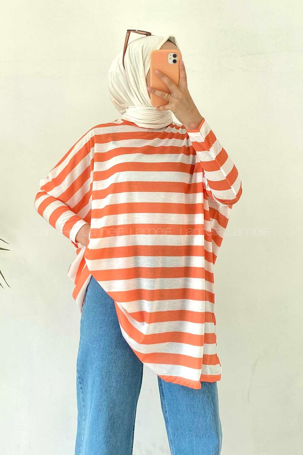 Modalamelif Salaş Çizgi Detaylı Tunik Oranj