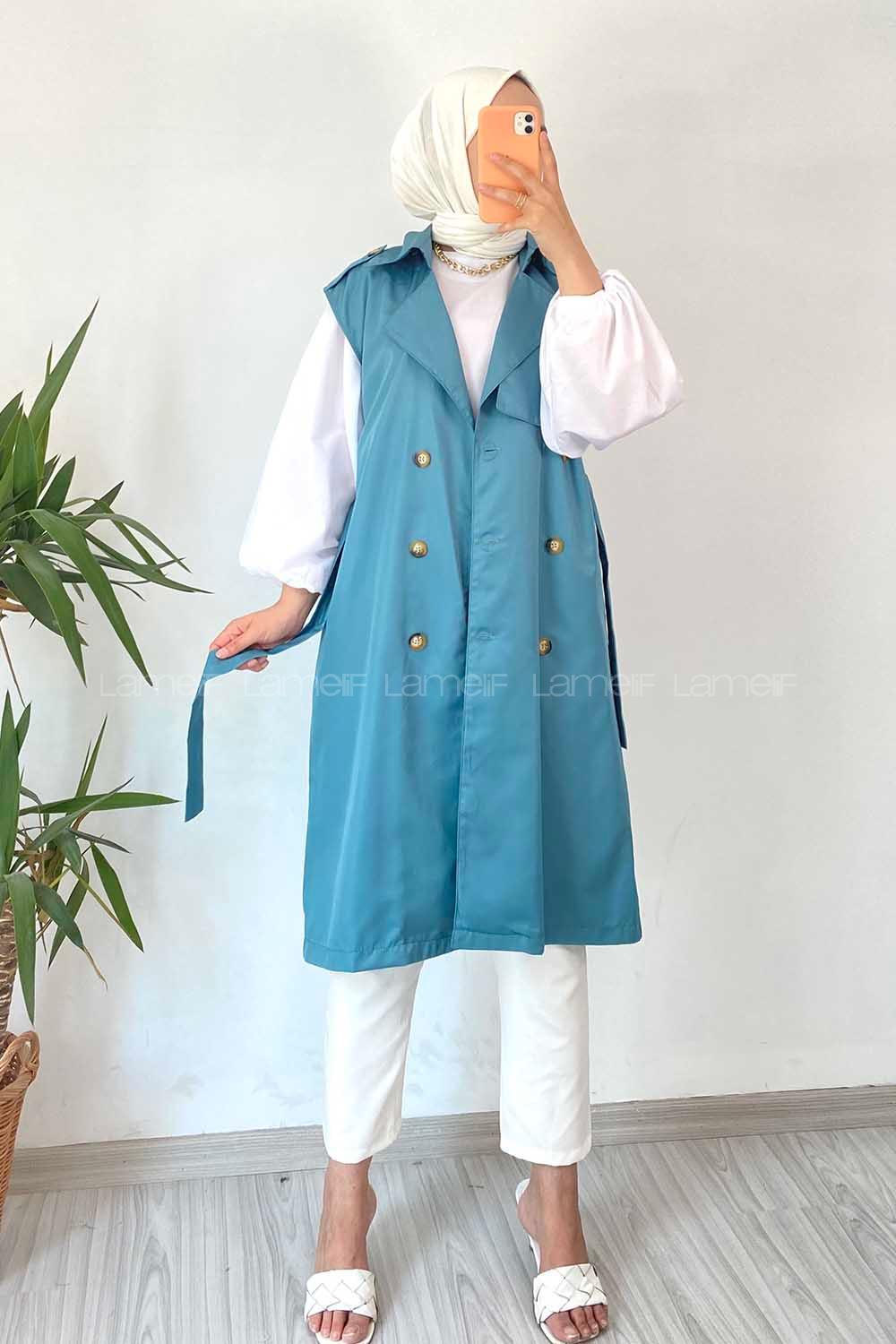 Modalamelif Sıfır Kol Önü Düğmeli Kuşaklı Trenç Petrol Mavisi