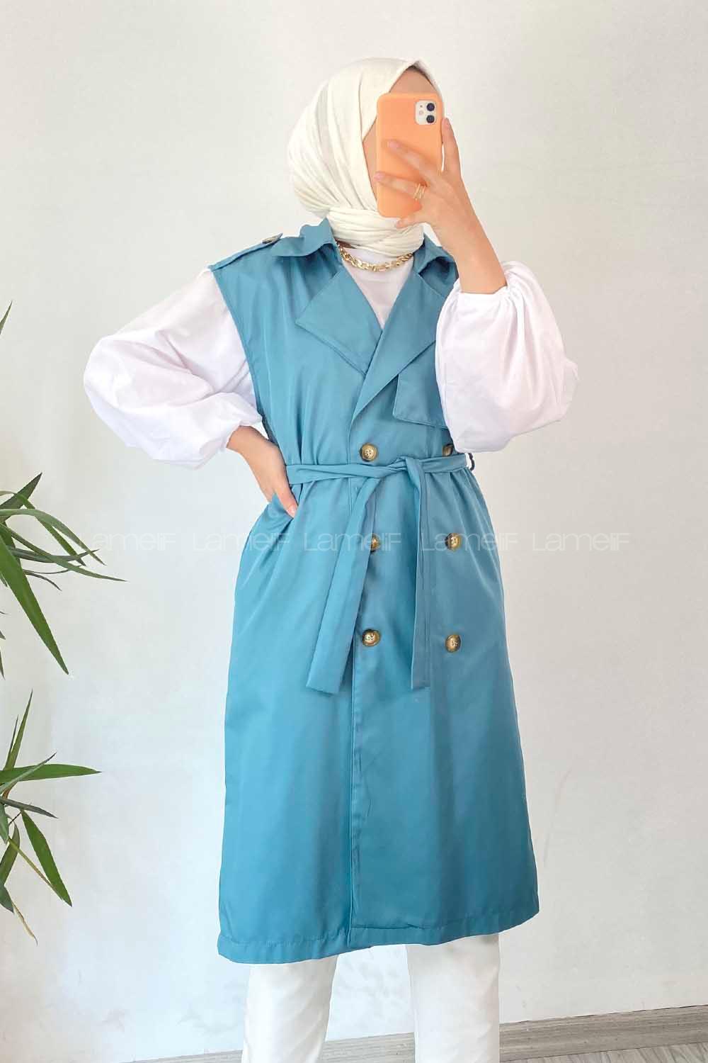 Modalamelif Sıfır Kol Önü Düğmeli Kuşaklı Trenç Petrol Mavisi