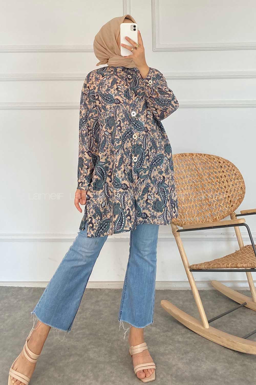 Modalamelif Soyut Desen Baskılı Gömlek Haki