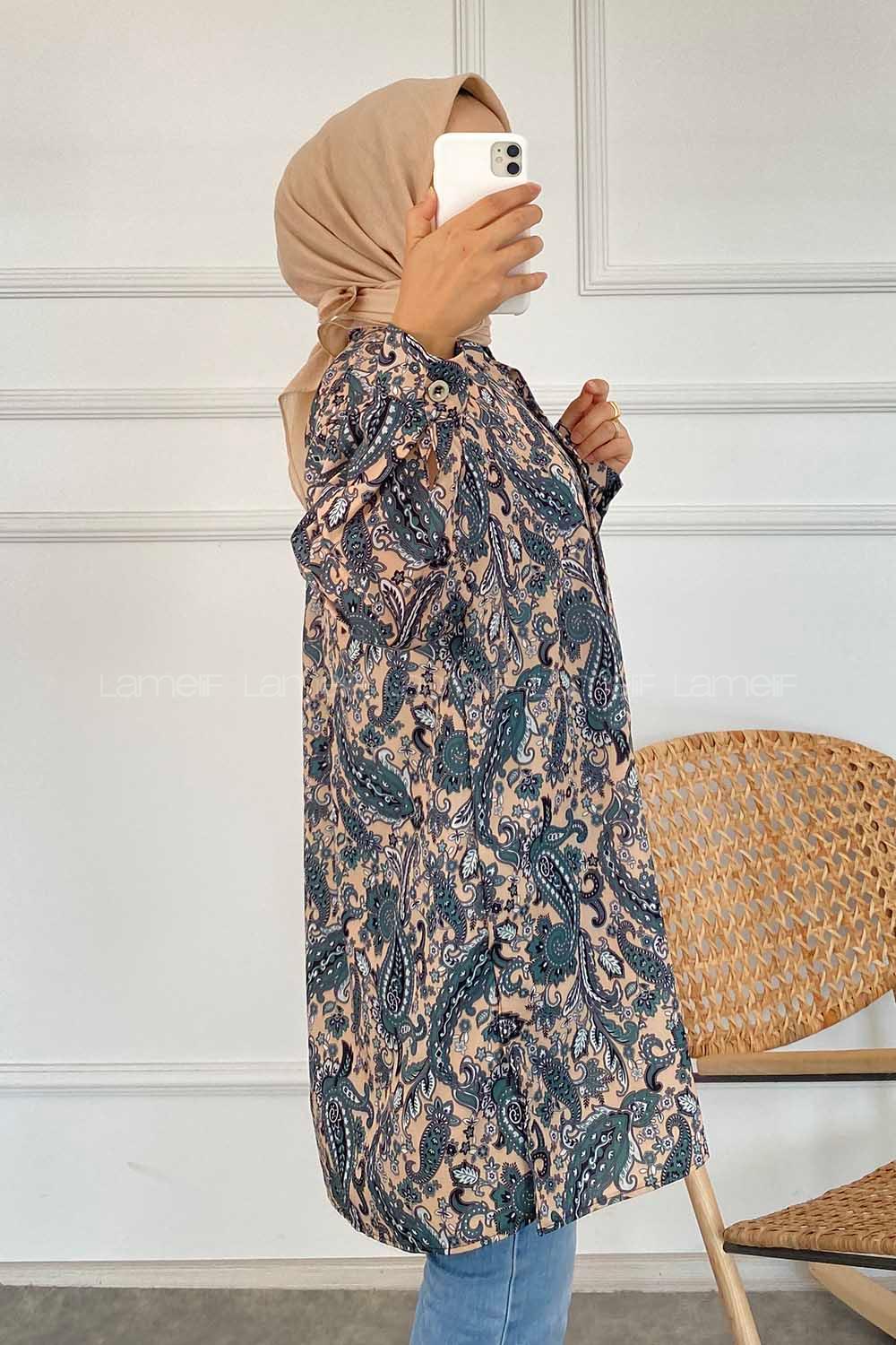 Modalamelif Soyut Desen Baskılı Gömlek Haki