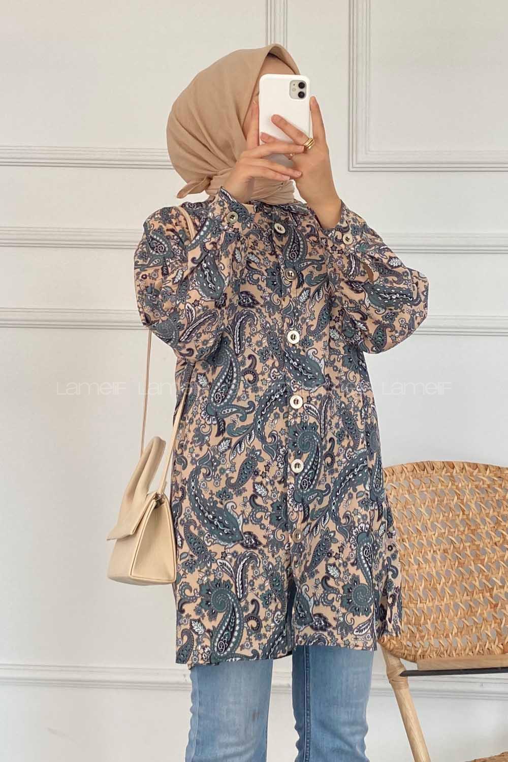 Modalamelif Soyut Desen Baskılı Gömlek Haki