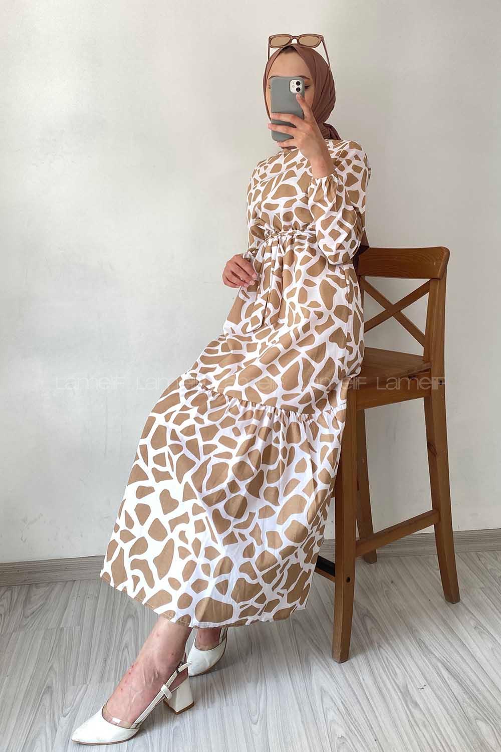 Modalamelif Soyut Desen Elbise Sütlü Kahve