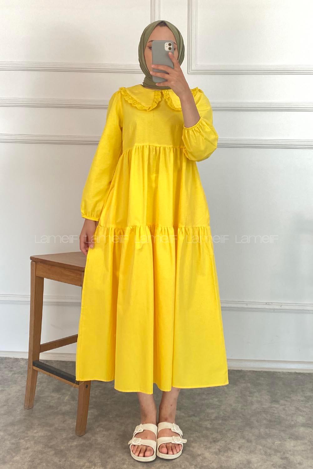 Modalamelif Yaka Dantelli Elbise Sarı