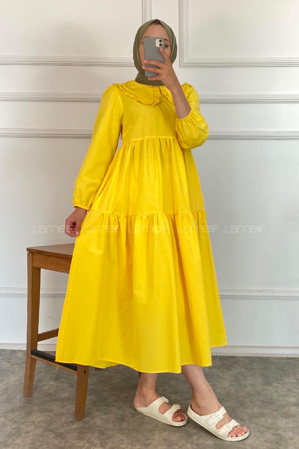 Modalamelif Yaka Dantelli Elbise Sarı