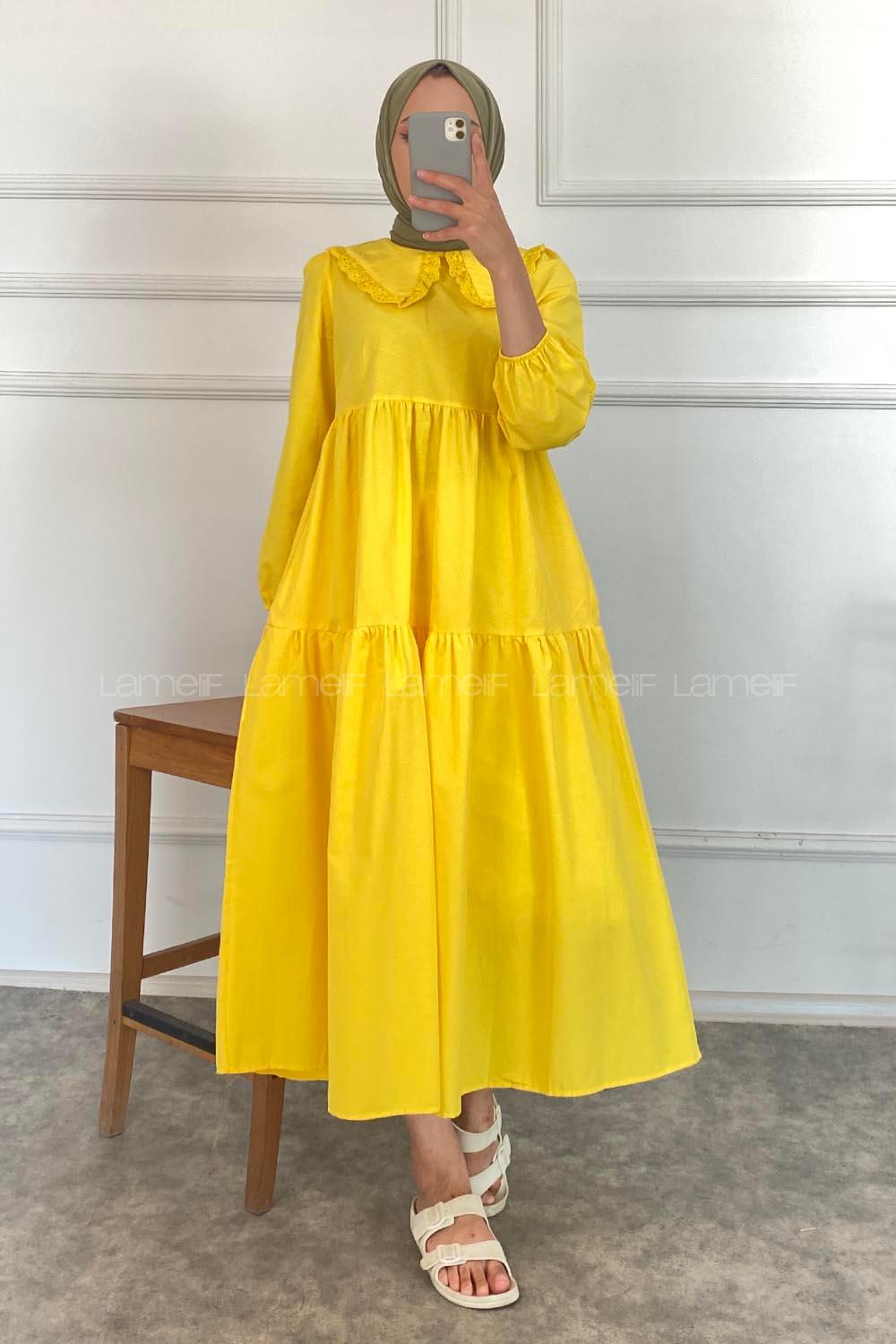 Modalamelif Yaka Dantelli Elbise Sarı