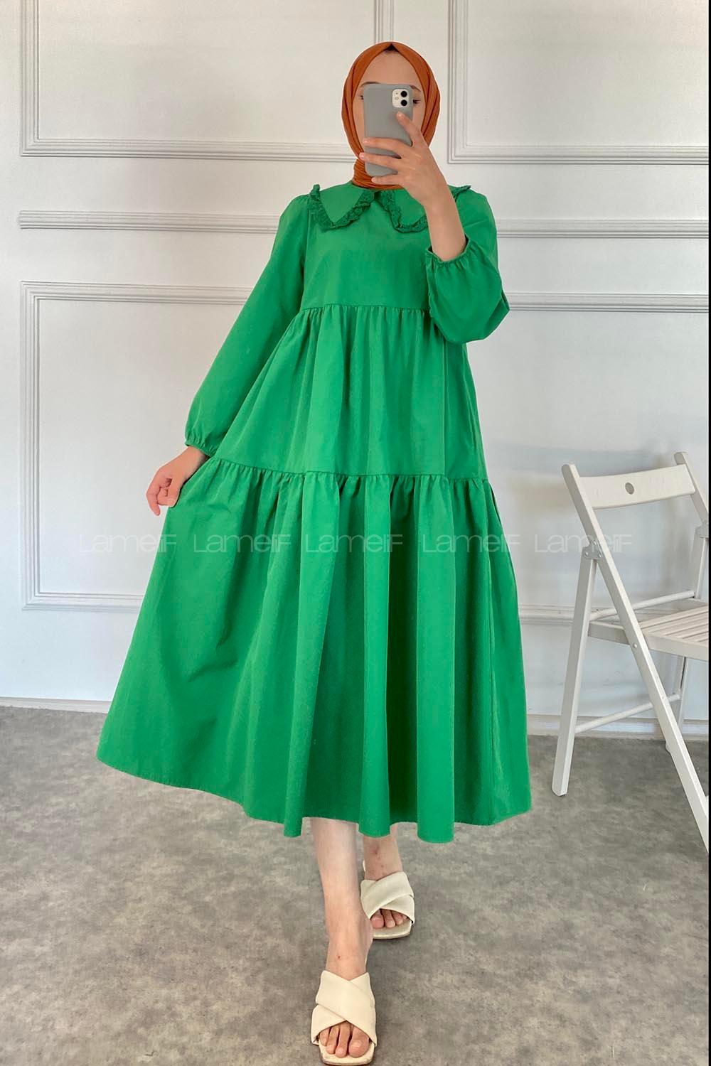 Modalamelif Yaka Dantelli Elbise Yeşil