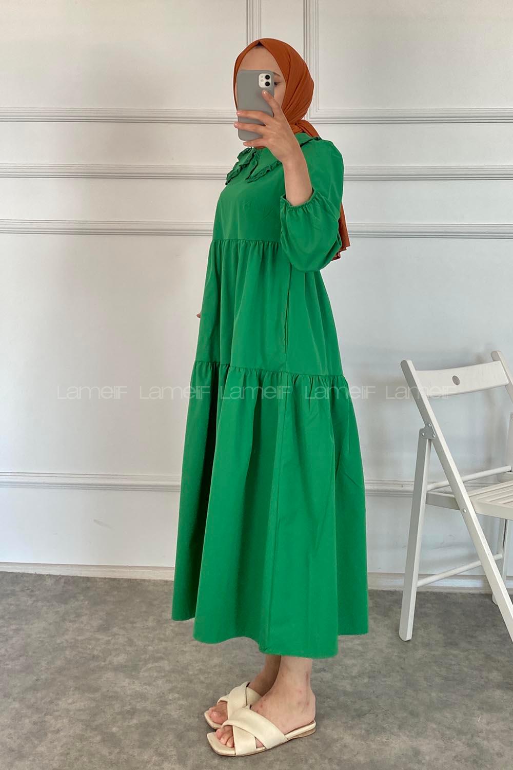 Modalamelif Yaka Dantelli Elbise Yeşil