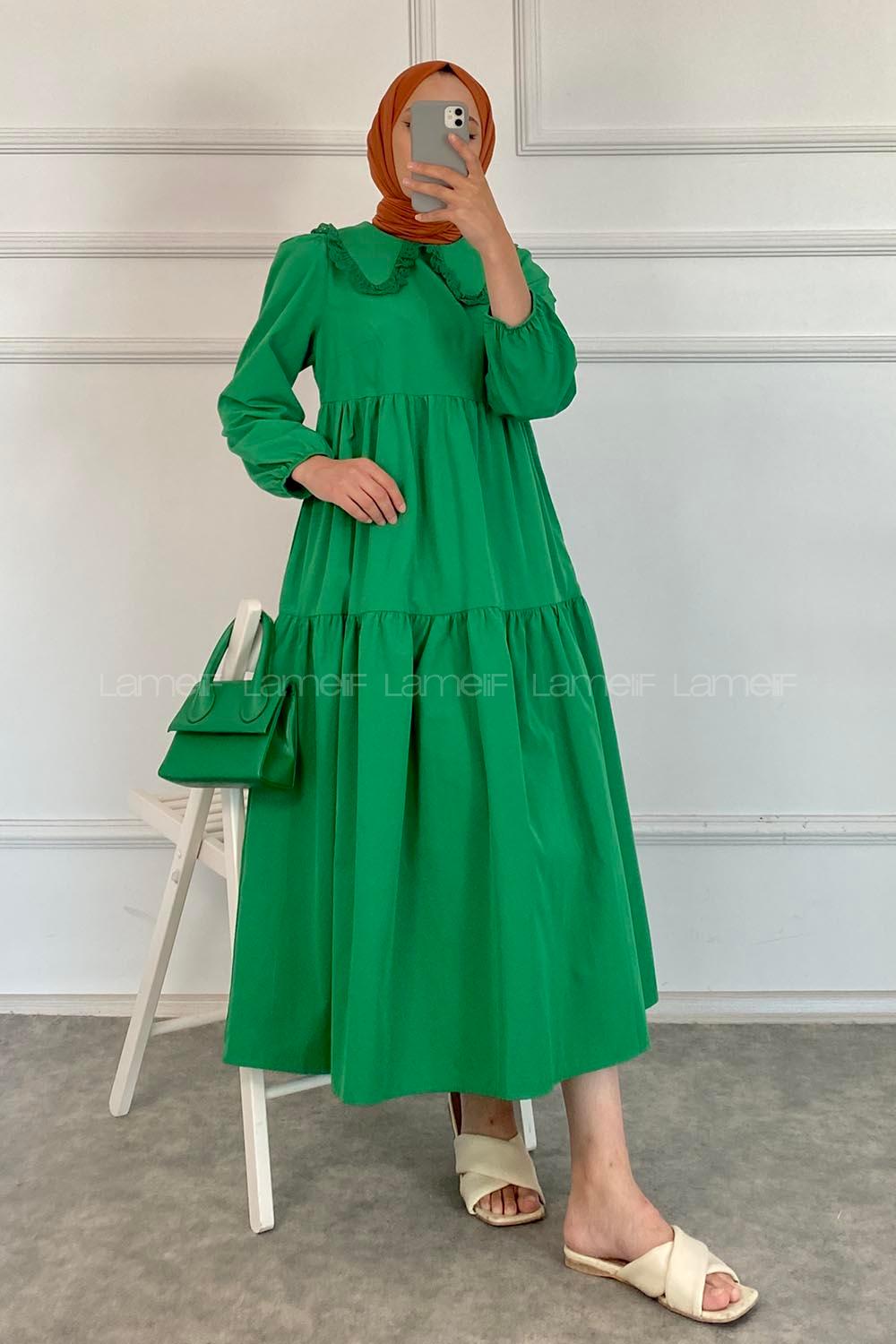 Modalamelif Yaka Dantelli Elbise Yeşil