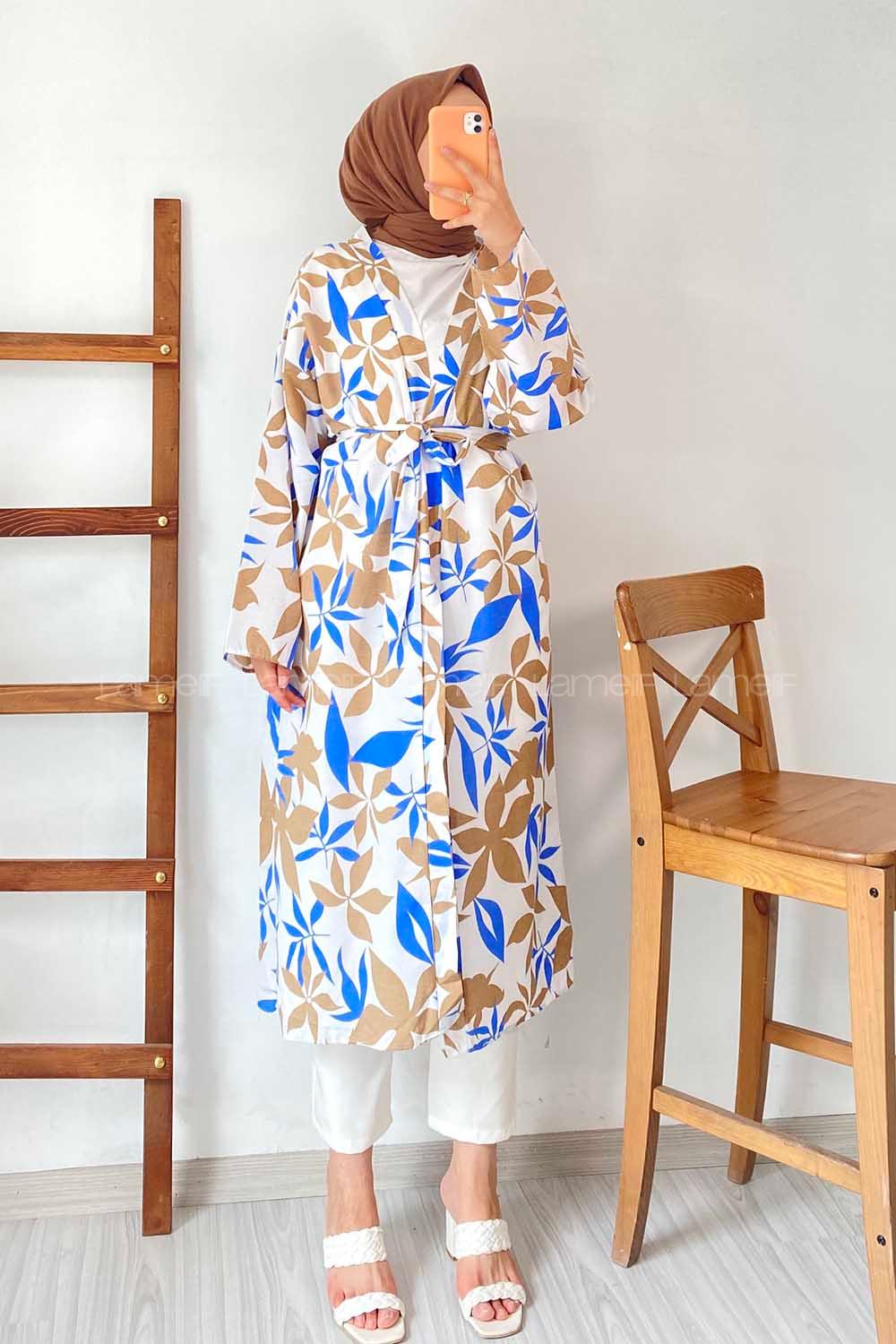 Modalamelif Yaprak Desenli Kuşak Bağlamalı Kimono Camel