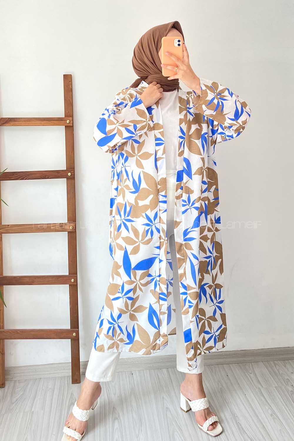 Modalamelif Yaprak Desenli Kuşak Bağlamalı Kimono Camel