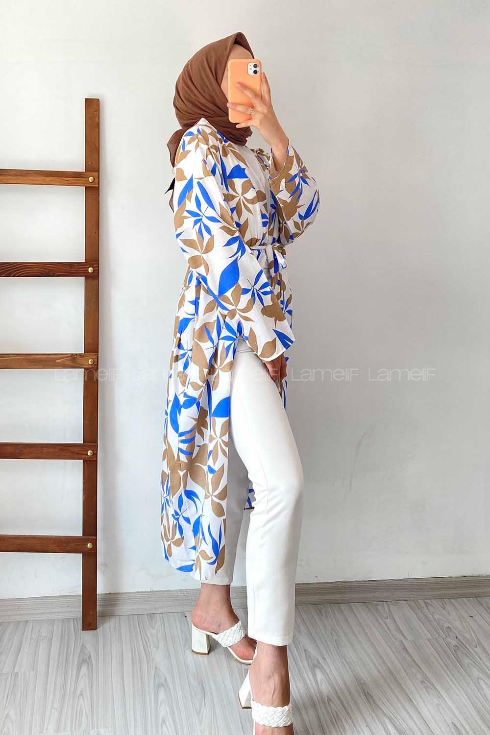 Modalamelif Yaprak Desenli Kuşak Bağlamalı Kimono Camel