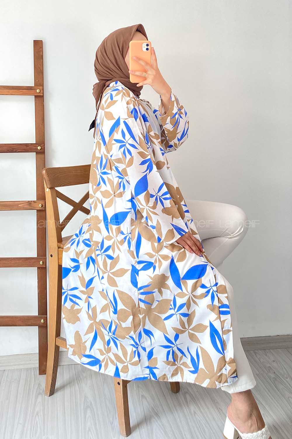 Modalamelif Yaprak Desenli Kuşak Bağlamalı Kimono Camel