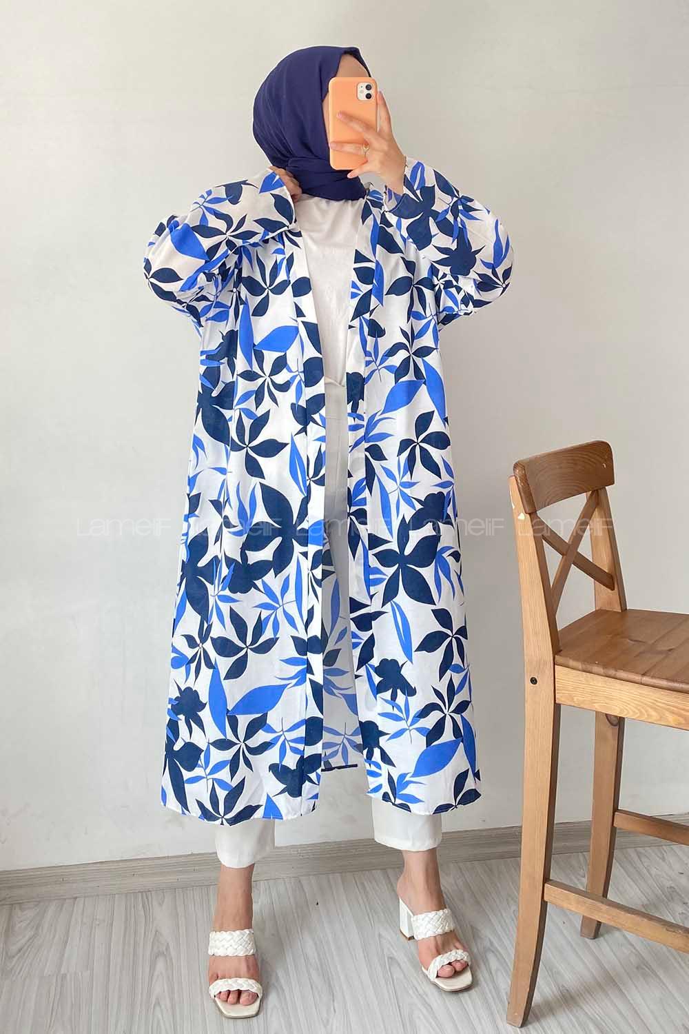 Modalamelif Yaprak Desenli Kuşak Bağlamalı Kimono Lacivert