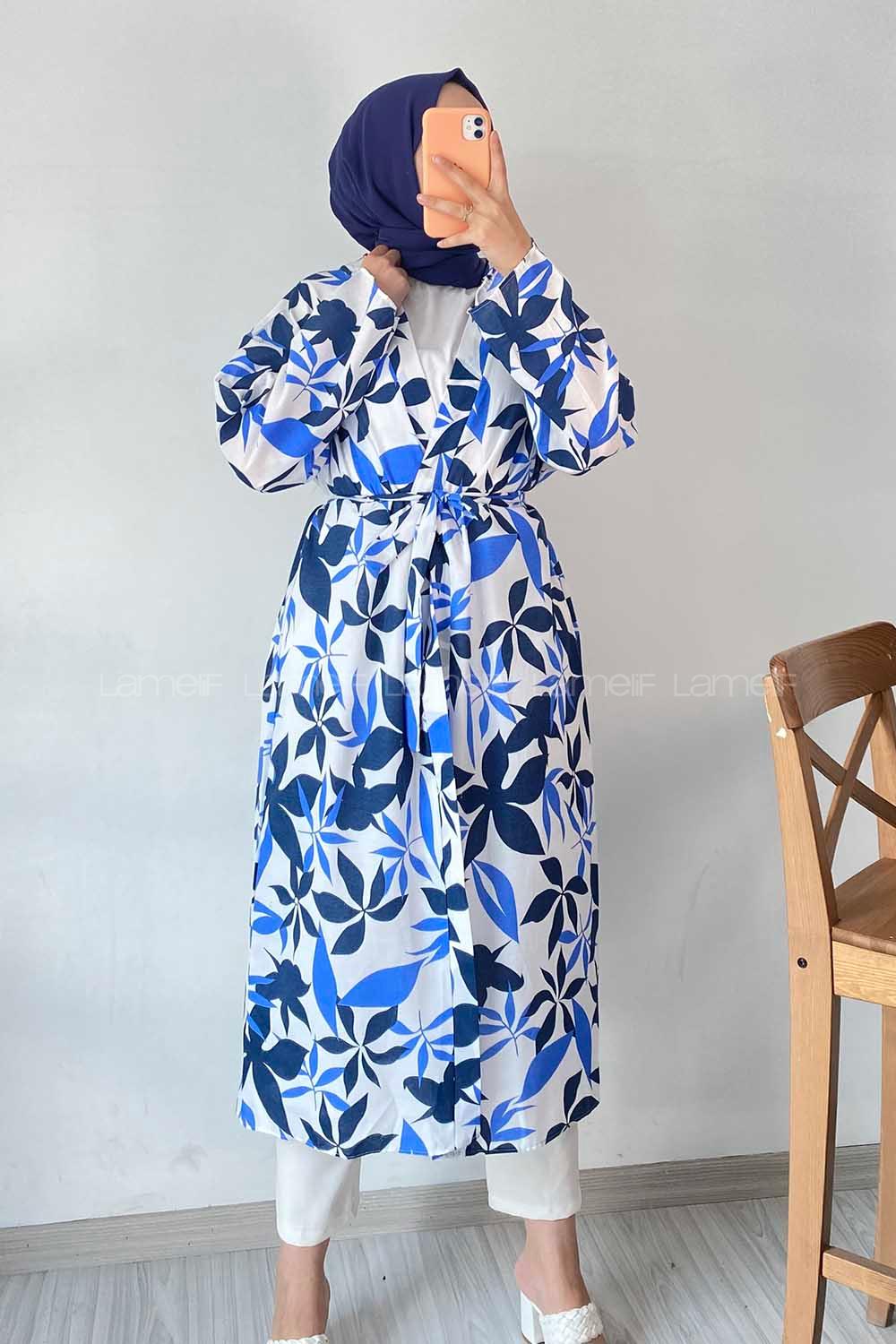 Modalamelif Yaprak Desenli Kuşak Bağlamalı Kimono Lacivert