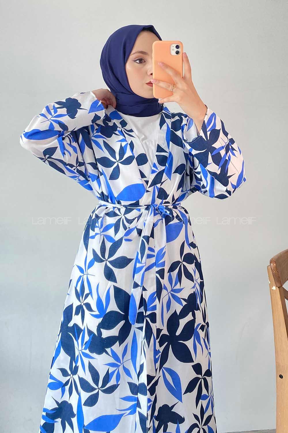 Modalamelif Yaprak Desenli Kuşak Bağlamalı Kimono Lacivert