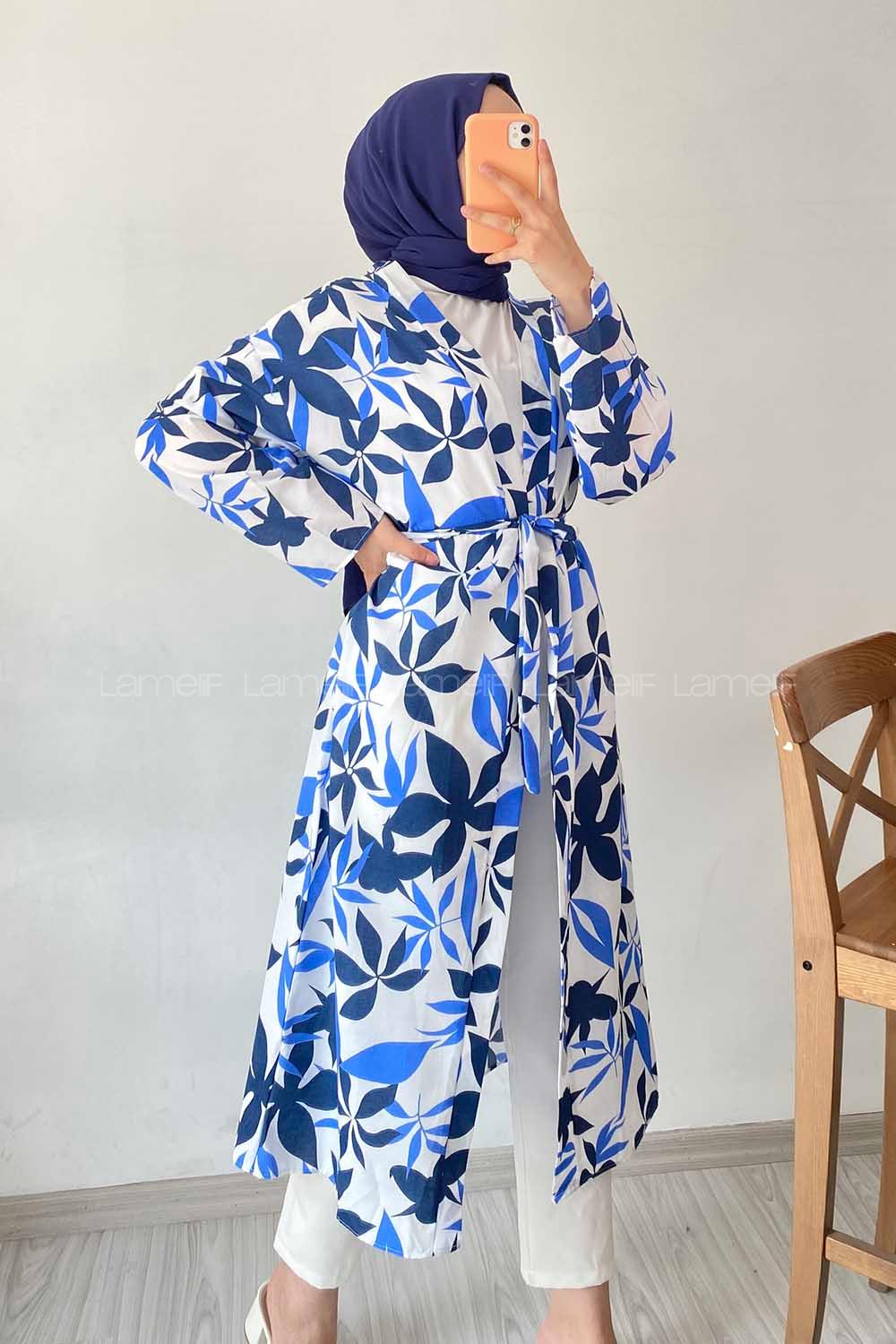 Modalamelif Yaprak Desenli Kuşak Bağlamalı Kimono Lacivert