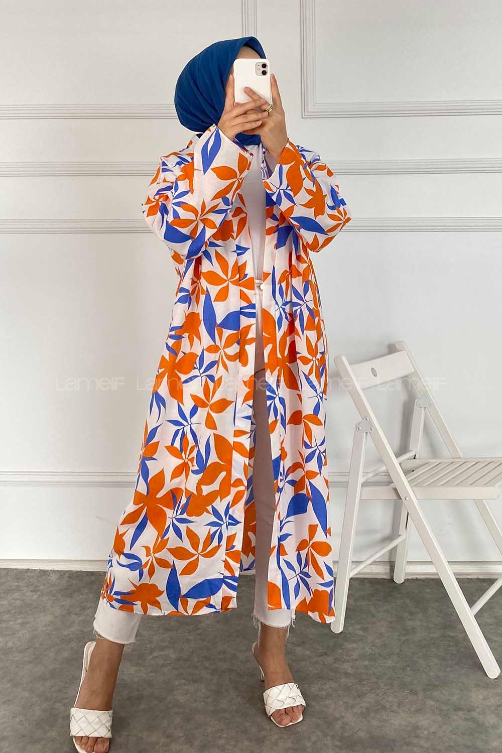 Modalamelif Yaprak Desenli Kuşak Bağlamalı Kimono Oranj