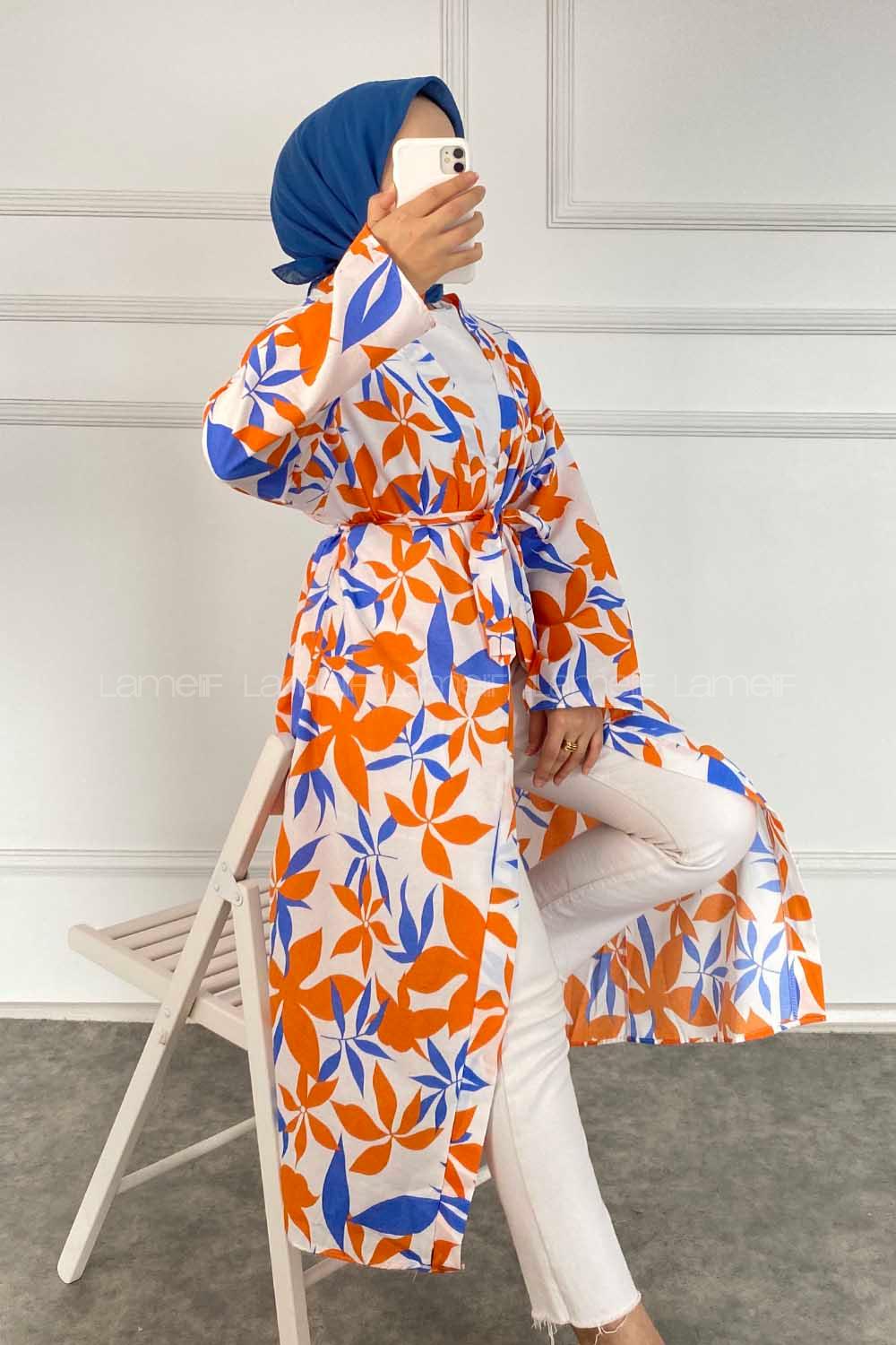 Modalamelif Yaprak Desenli Kuşak Bağlamalı Kimono Oranj