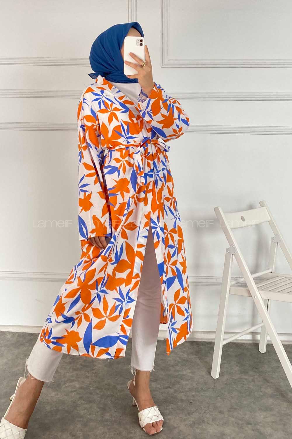 Modalamelif Yaprak Desenli Kuşak Bağlamalı Kimono Oranj