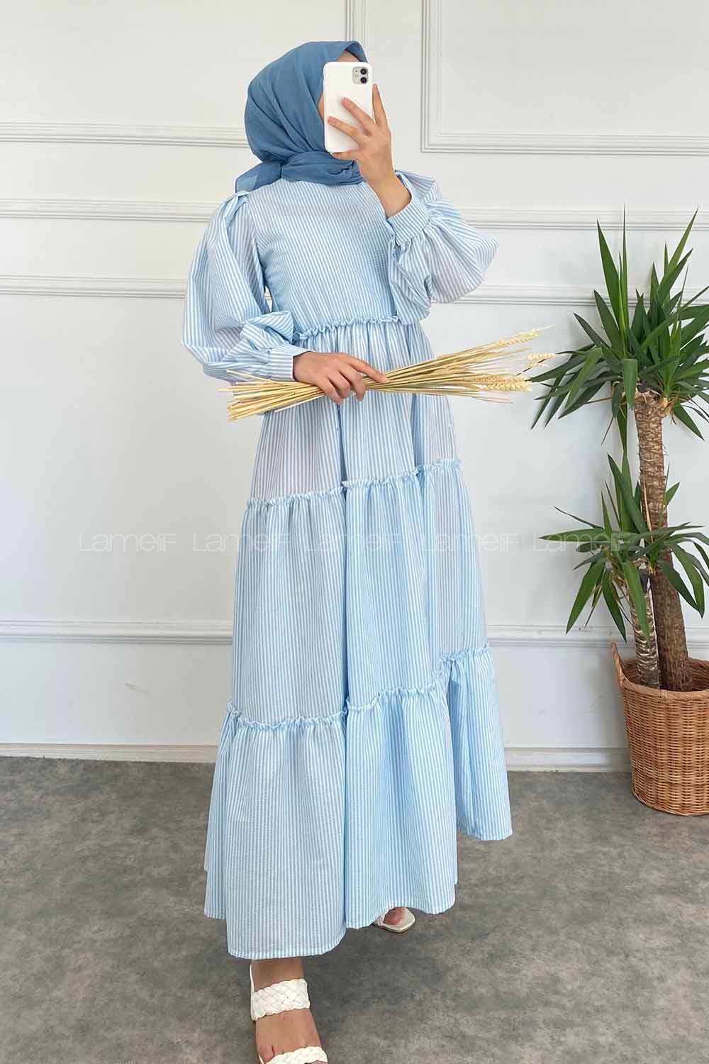 Modalamelif Balon Kol Çizgi Desenli Fırfırlı Elbise Bebe Mavisi