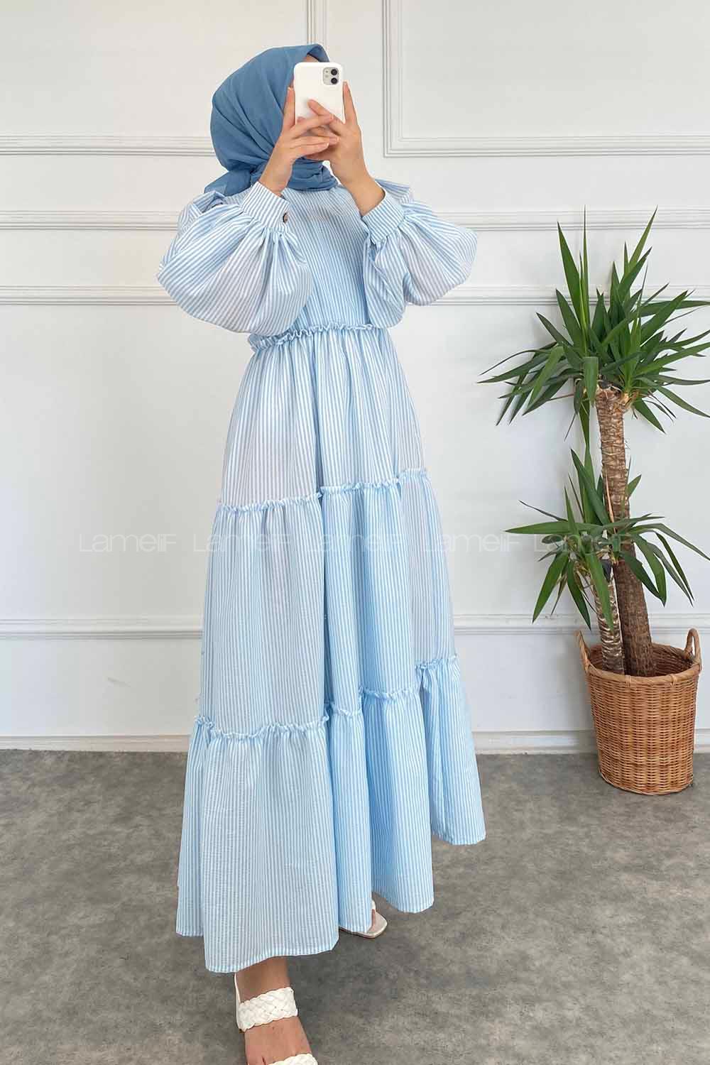 Modalamelif Balon Kol Çizgi Desenli Fırfırlı Elbise Bebe Mavisi