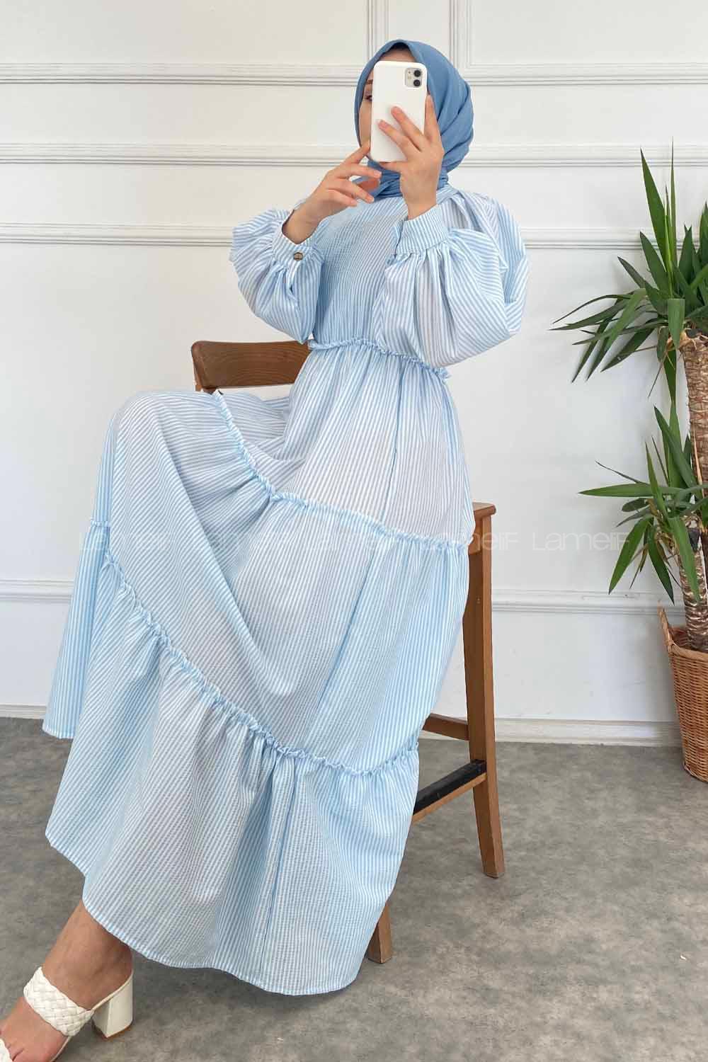 Modalamelif Balon Kol Çizgi Desenli Fırfırlı Elbise Bebe Mavisi