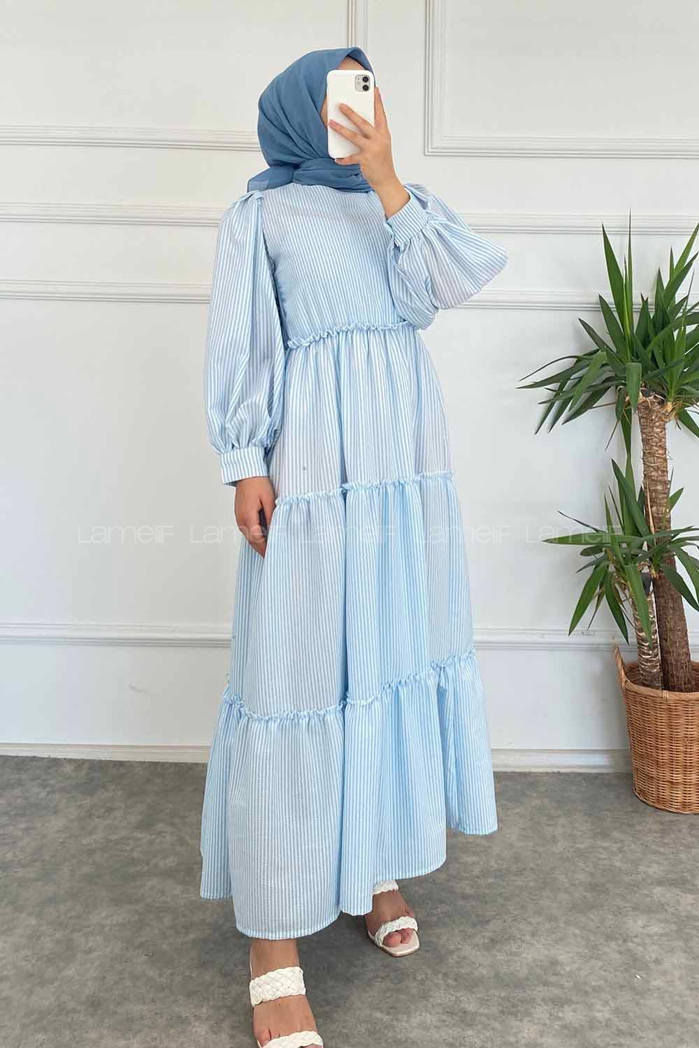 Modalamelif Balon Kol Çizgi Desenli Fırfırlı Elbise Bebe Mavisi