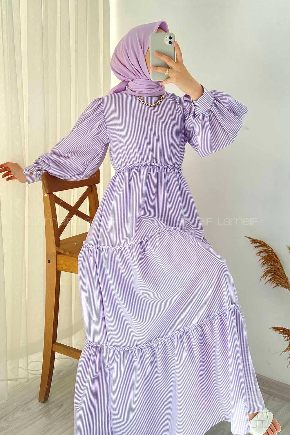 Modalamelif Balon Kol Çizgi Desenli Fırfırlı Elbise Lila