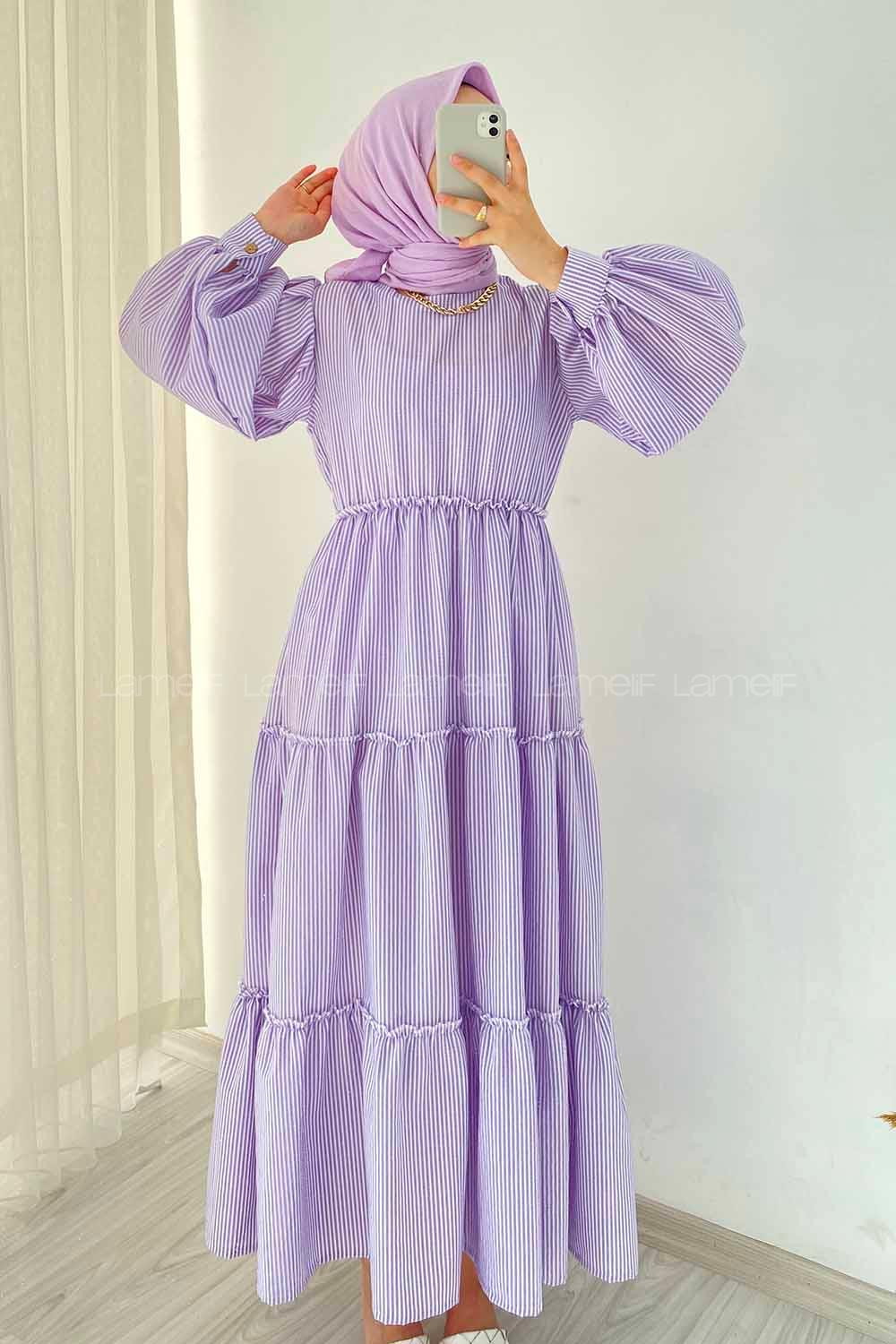 Modalamelif Balon Kol Çizgi Desenli Fırfırlı Elbise Lila