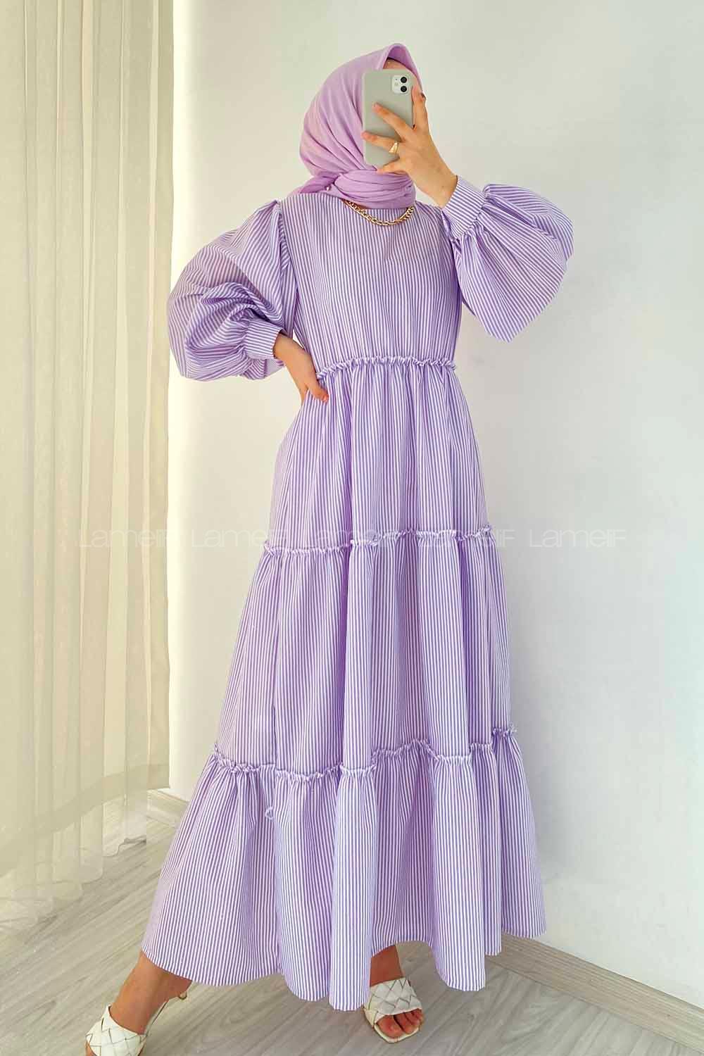 Modalamelif Balon Kol Çizgi Desenli Fırfırlı Elbise Lila