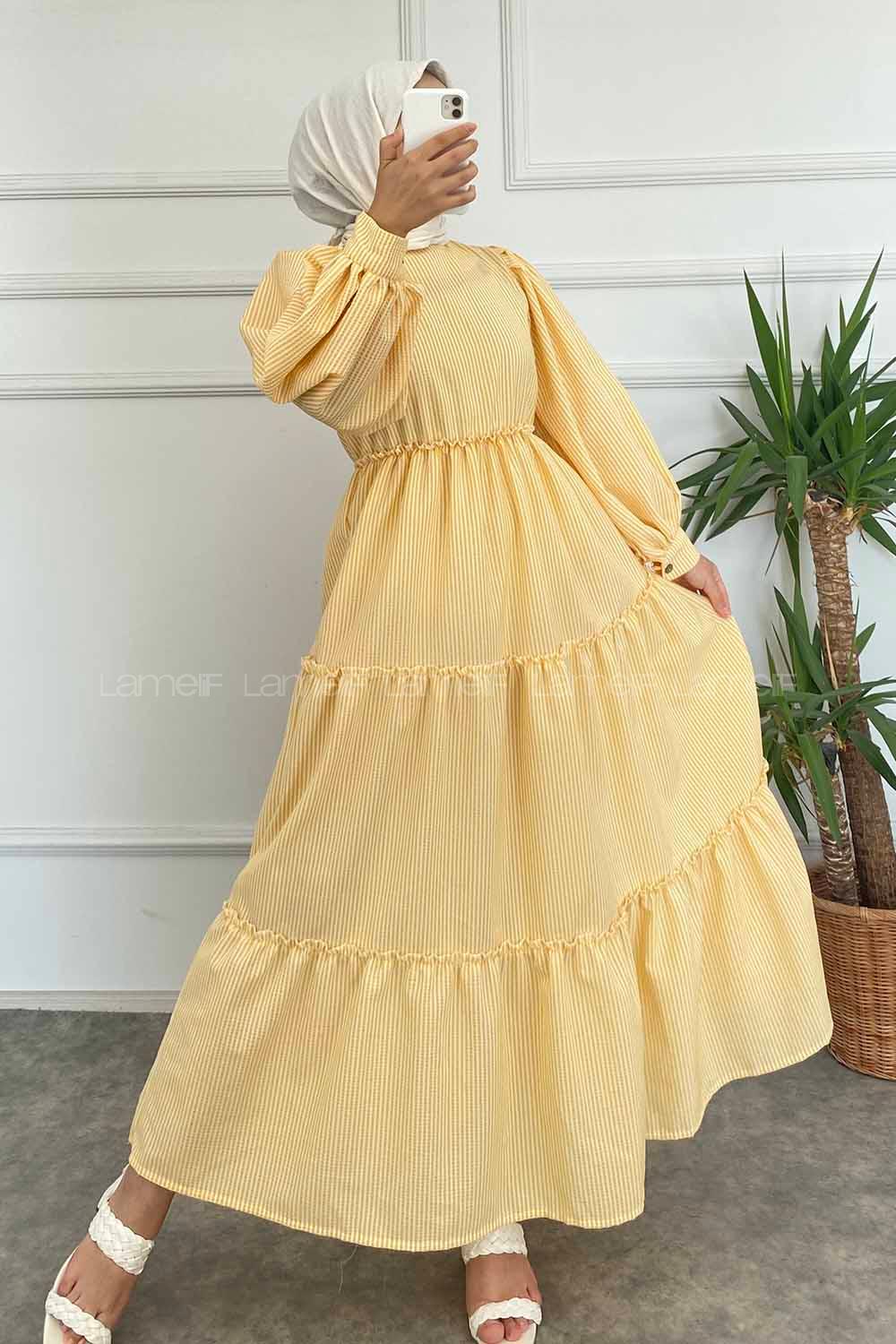 Modalamelif Balon Kol Çizgi Desenli Fırfırlı Elbise Sarı