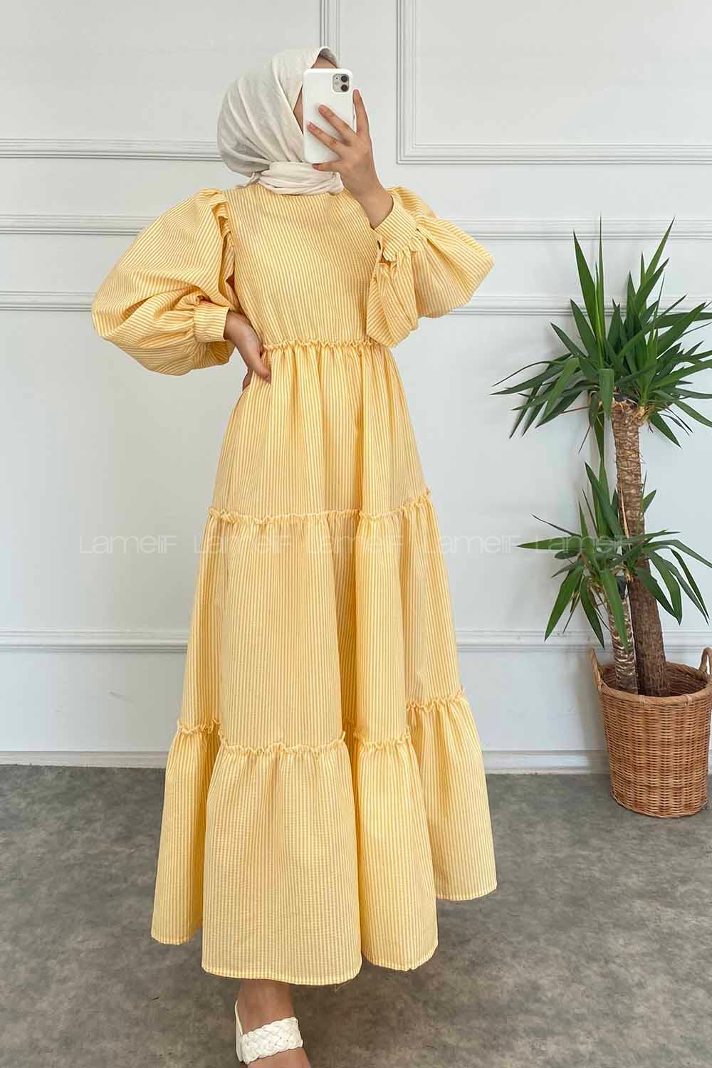 Modalamelif Balon Kol Çizgi Desenli Fırfırlı Elbise Sarı