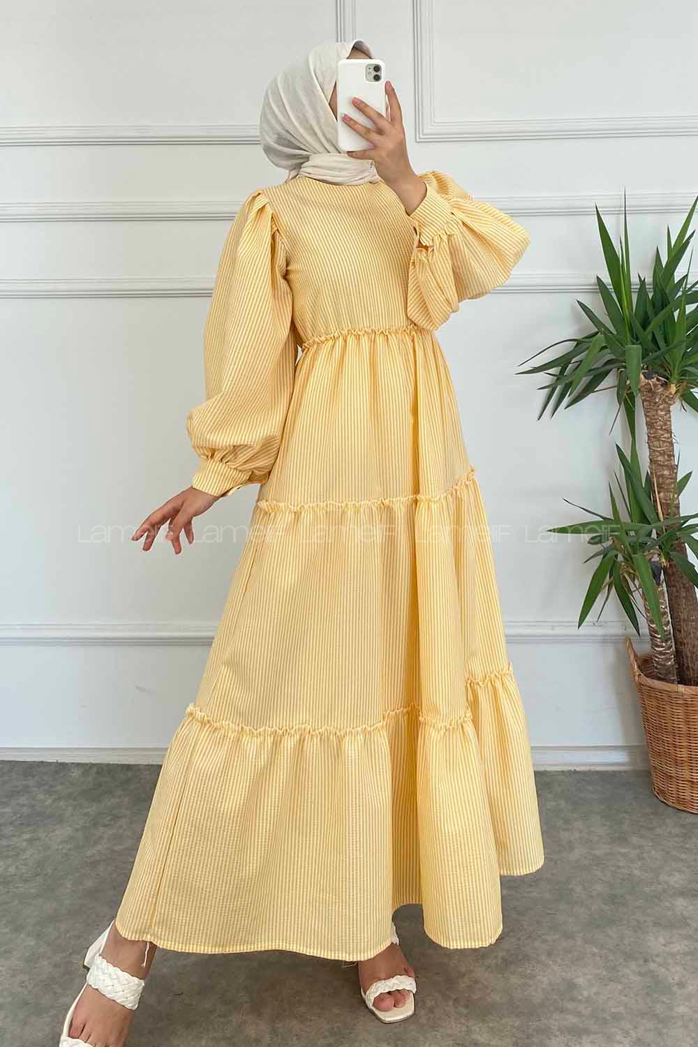 Modalamelif Balon Kol Çizgi Desenli Fırfırlı Elbise Sarı