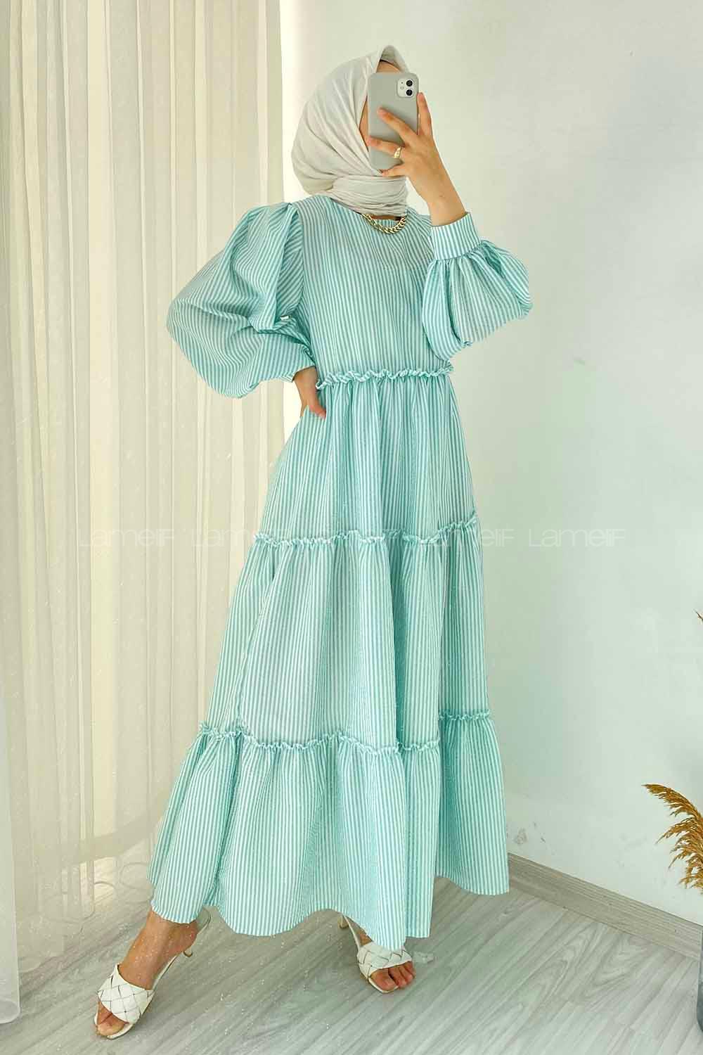 Modalamelif Balon Kol Çizgi Desenli Fırfırlı Elbise Su Yeşili