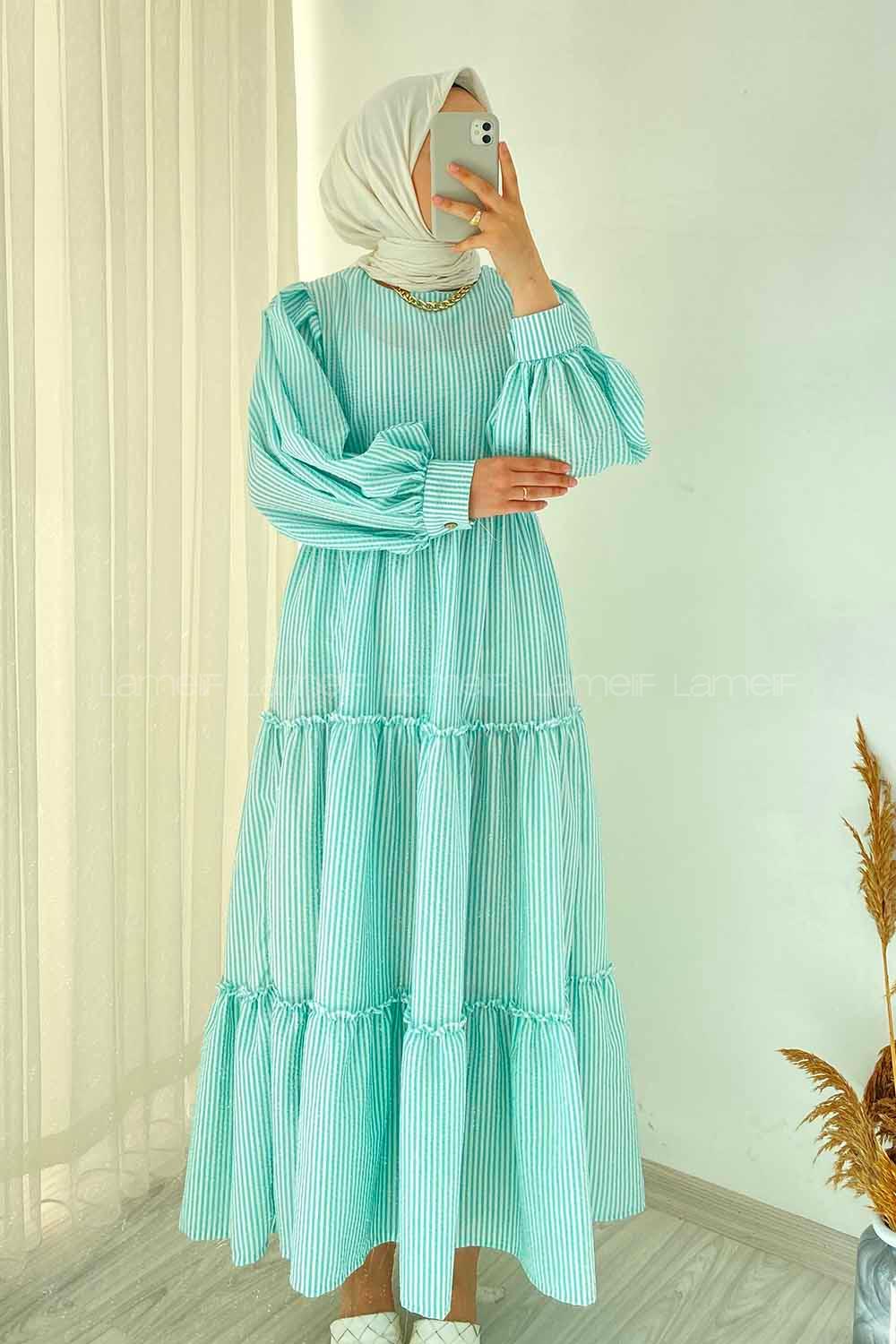 Modalamelif Balon Kol Çizgi Desenli Fırfırlı Elbise Su Yeşili