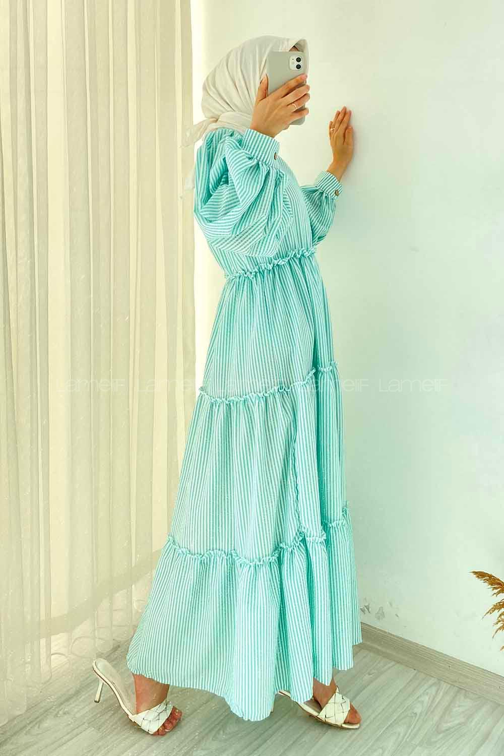 Modalamelif Balon Kol Çizgi Desenli Fırfırlı Elbise Su Yeşili