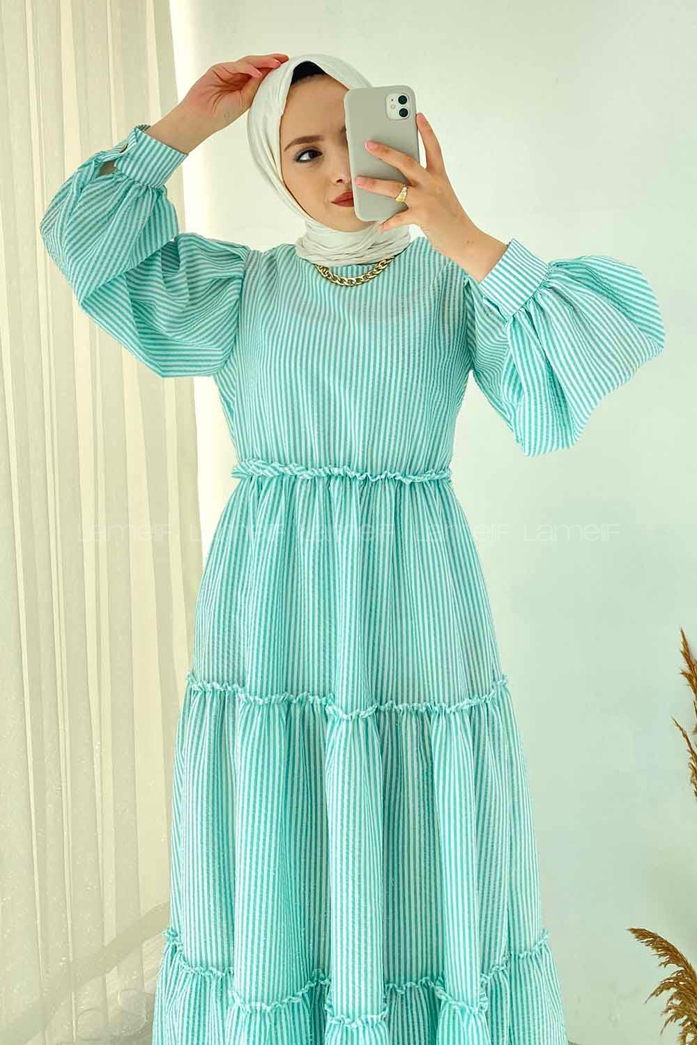 Modalamelif Balon Kol Çizgi Desenli Fırfırlı Elbise Su Yeşili