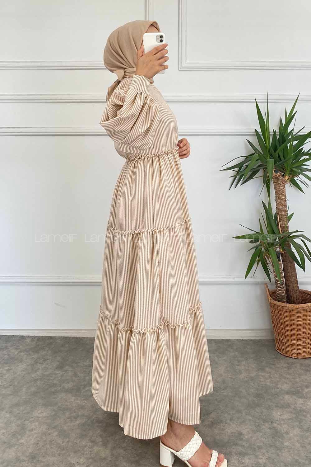 Modalamelif Balon Kol Çizgi Desenli  Sütlü Kahve